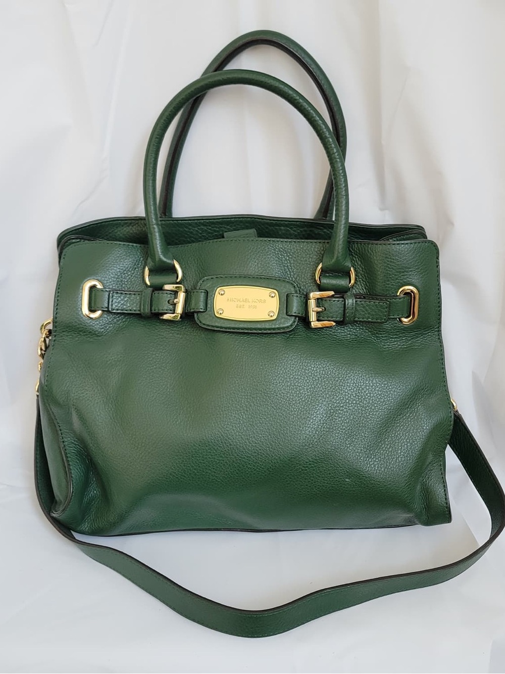 MICHAEL Michael Kors Dark Green Leather Satchel with Gold Hardware